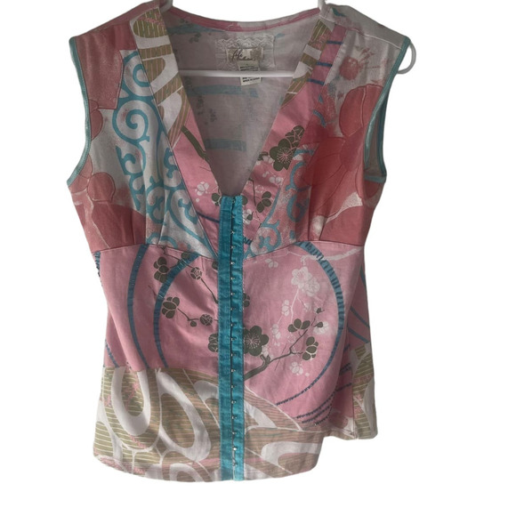 Fifi Collection Y2k Women's Size Large Claps Beaded Pink Floral Sleeveless Top - Picture 1 of 8